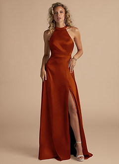 Azazie Clarice At-home Try On Dresses Auburn A-Line High Neck Metallic Satin Dress image4