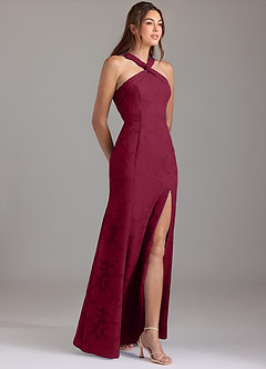 Azazie Rue Bridesmaid Dresses Burgundy A-Line Pleated Floral Burnout Dress image4