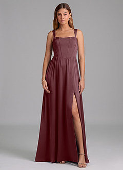 Azazie Rosaline Bridesmaid Dresses Sangria A-Line Side Slit Stretch Satin Dress image3