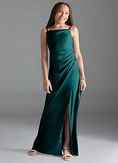 Azazie Leonis Junior Robe Trapèze en Satin extensible Plissée Paon image1