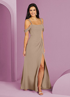 Barbie ♥ Azazie Bridesmaid Dresses Taupe A-Line Off the Shoulder Chiffon Dress image2