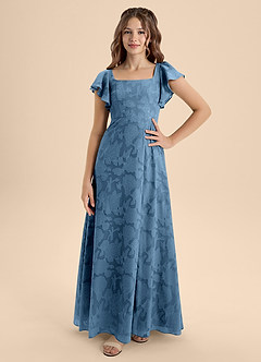 Azazie Bondi Junior Steel Blue A-Line Bow Floral Burnout Dress image4