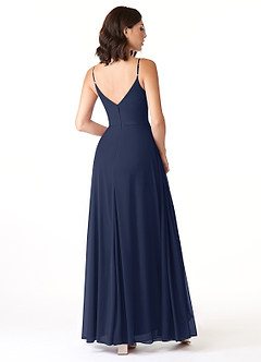 Azazie Evalin Vestidos de damas de honor Vestido de Azul Marino Oscuro de Malla de Corte en A con Cuello en V Plisado image4