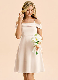 Azazie Anselie Junior White Alabaster A-Line Off the Shoulder Stretch Satin Dress image4