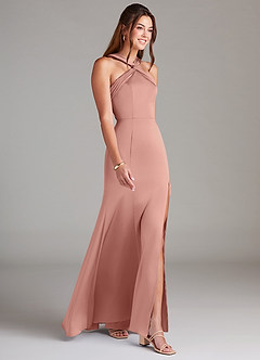 Azazie Rue Bridesmaid Dresses Rosette A-Line Pleated Stretch Satin Dress image4