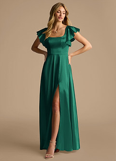 Azazie Bondi Bridesmaid Dresses Emerald A-Line Bow Metallic Satin Dress image4