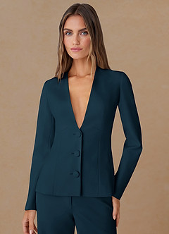 front Elara Dark Navy Extreme-Plunge Refined Weave 2-Piece Suit