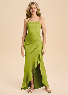 Azazie Buzzy Junior Lemongrass Sheath Pleated Stretch Satin Dress image3