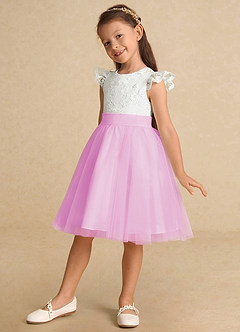 Azazie Vetty Flower Girl Dresses Ivory Candy Pink A-Line Lace Tulle Dress image3
