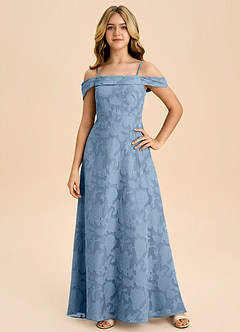 Azazie Anselie Junior Powder Blue A-Line Off the Shoulder Floral Burnout Dress image3