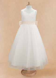Azazie Lea vestidos de niña de las flores Vestido de Alabastro Blanco de Tul de Corte En A con Tirante Espagueti image6