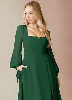 Azazie Leonia Bridesmaid Dresses Dark Green A-Line Long Sleeve Chiffon Dress image6