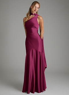 Azazie Amara Bridesmaid Dresses Red Plum Mermaid One Shoulder Stretch Satin Dress image4