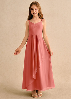 Azazie Zaida Girls Formal Robe Demoiselle D'honneur Fillette Robe Trapèze en Mousseline de soie Plissée Rose Saumon image4