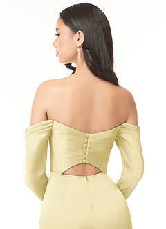 Azazie Hallie Bridesmaid Dresses Lemon Sorbet Mermaid Off-The-Shoulder Long Sleeve Stretch Satin Convertible Dress image8