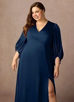 Azazie Luna Mother of the Bride Dresses Dark Navy A-Line Pleated Stretch Satin Dress image6