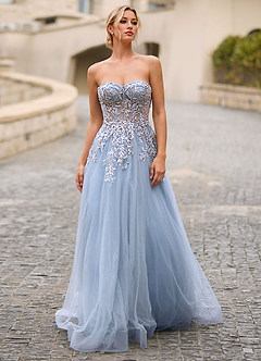 Celeste Azul Polvoriento Vestido de graduación de encaje transparente con pedrería image1