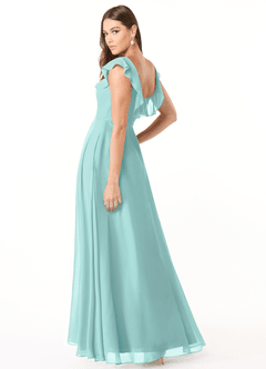 Azazie Jinny Bridesmaid Dresses Aqua A-Line Square Neckline Ruched Chiffon Dress image4