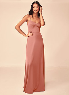 Azazie Mei Bridesmaid Dresses Salmon Pink A-Line V-Neck Stretch Satin Dress image5