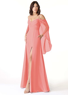 Azazie Cienna Bridesmaid Dresses Coral A-Line Off the Shoulder Chiffon Dress image4