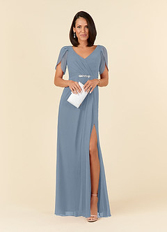 Azazie Marianne Mother of the Bride Dresses Dusty Blue Sheath V-Neck Pleated Chiffon Dress image4