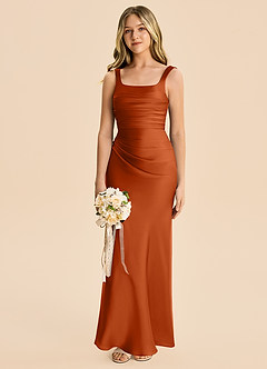 Azazie Agustina Junior Burnt Orange Sheath Pleated Stretch Satin Dress image4