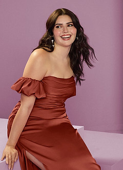Barbie ♥ Azazie Robes de demoiselle d'honneur Robe Fourreau Convertible en Satin extensible Épaule décolletée Terracotta image16