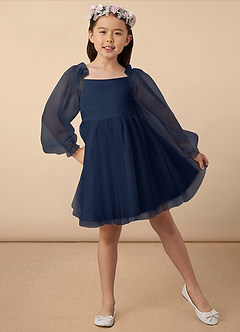 Azazie Aya Jurken voor bloemenmeisjes A-Lijn Jurk van Tule met Mouwen Donkere Marine image1