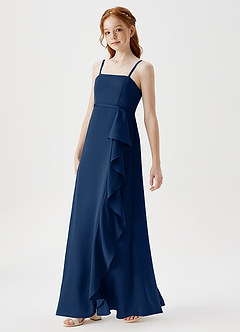 Azazie Kaylee Junior Robe Trapèze en Satin extensible avec ceinture Bleu Marine Foncé image4