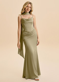 Azazie Sorrel Junior Moss Green Mermaid Ruched Stretch Satin Dress image1