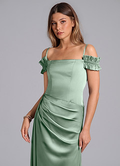 Azazie Kalysia Jurken voor thuis passen Converteerbaar Jurk van Stretch Satijn met Zeemeermin Off the Shoulder Agave image5