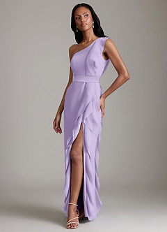 Azazie Venita Vestidos de damas de honor Vestido de Lila de Gasa de Corte Recto con Volante image6