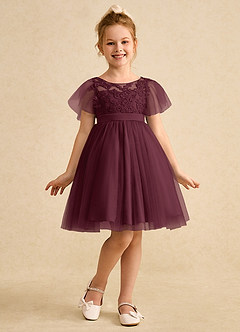 Azazie Queenie Robe Demoiselle D'honneur Fillette Robe Trapèze en Dentelle Cabernet image3