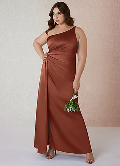 Azazie Mika Bridesmaid Dresses Clay Sheath One Shoulder Stretch Satin Dress image8