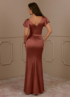 Azazie Roya Mother of the Bride Dresses Auburn Mermaid V-Neck Pleated Stretch Satin Dress image4