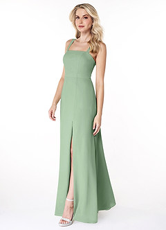 Azazie Jay Bridesmaid Dresses Matcha A-Line Square Neckline Side Slit Chiffon Dress image4