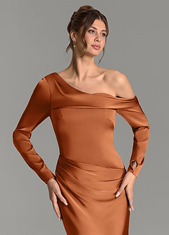 Azazie Sandra Bridesmaid Dresses Copper Mermaid Long Sleeve Stretch Satin Dress image7