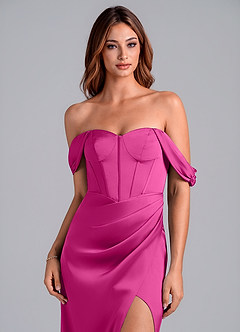 Azazie Asha Jurken voor bruidsmeisjes Converteerbaar Jurk van Stretch Satijn met Kolom Off the Shoulder Fuchsia image5