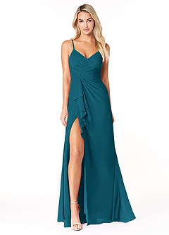 Azazie Emerald Bridesmaid Dresses Ink Blue A-Line Ruffled Chiffon Dress image4