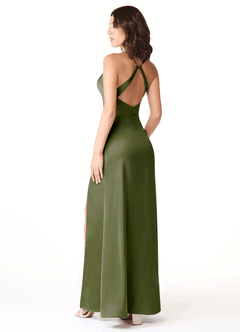 Azazie Geanna Bridesmaid Dresses Olive Sheath V-Neck Pleated Stretch Satin Dress image4