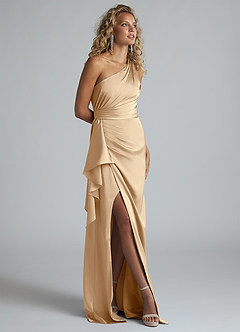 Azazie Maive Robes de demoiselle d'honneur Robe Fourreau en Satin extensible Rayé Champagne image2