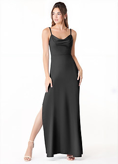 Azazie Alaija Bridesmaid Dresses Black Mermaid Side Slit Stretch Satin Dress image2