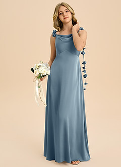 Azazie Gumdrop Junior Dusty Blue Empire Pleated Stretch Satin Dress image2