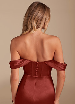 Azazie Asha Bridesmaid Dresses Terracotta Sheath Off the Shoulder Metallic Satin Dress image6