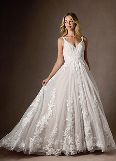 Azazie Delaina Wedding Dresses Diamond White Nude A-Line V-Neck Sequins Tulle Dress image5
