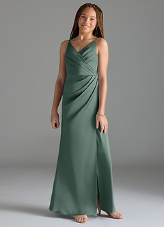 Azazie Maci Junior Sea Moss Mermaid Pleated Stretch Satin Dress image3