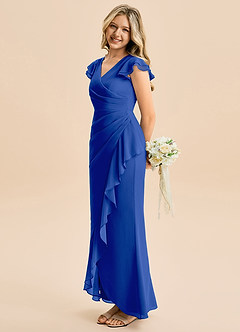 Azazie Julie Junior Vestido de Azul Real de Gasa de Corte Sirena con Volante image3