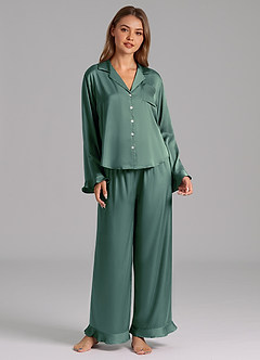 front Matching Color Ruffled Satin Long Sleeve Pajama Set