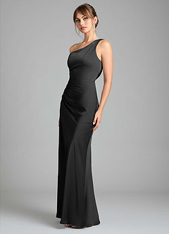 Azazie Madelyn Bridesmaid Dresses Black Mermaid One Shoulder Stretch Satin Convertible Dress image6