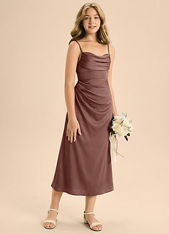 Azazie Mai Junior Osłona Pofałdowany Satyna elastyczna Długość herbaty Młodsza druhna Sukienka image5